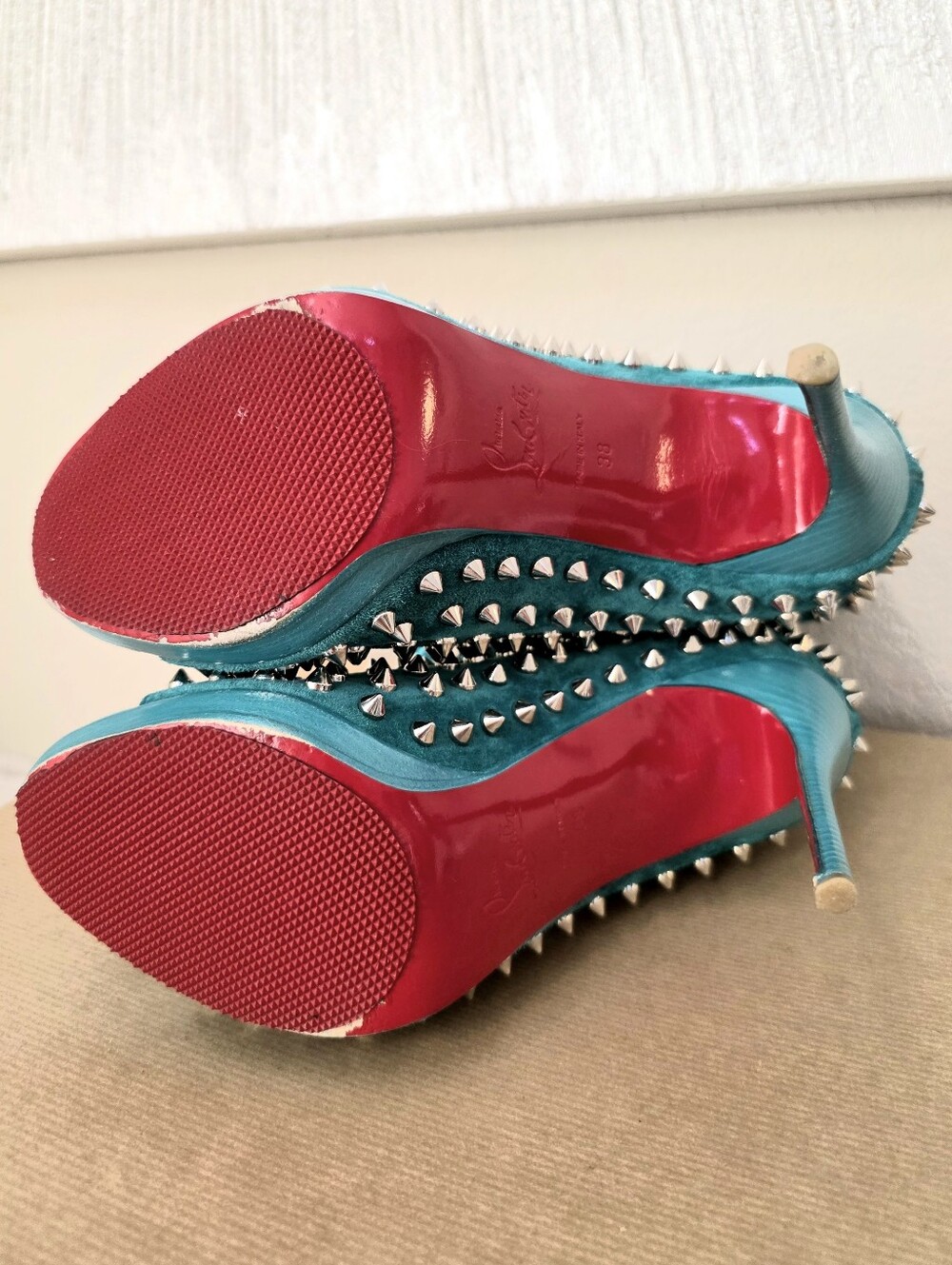 Christian Louboutin Aqua Suede Silver Spiked Open Toe Ankle Boots Size 38 US 7-9 - Picture 12 of 14